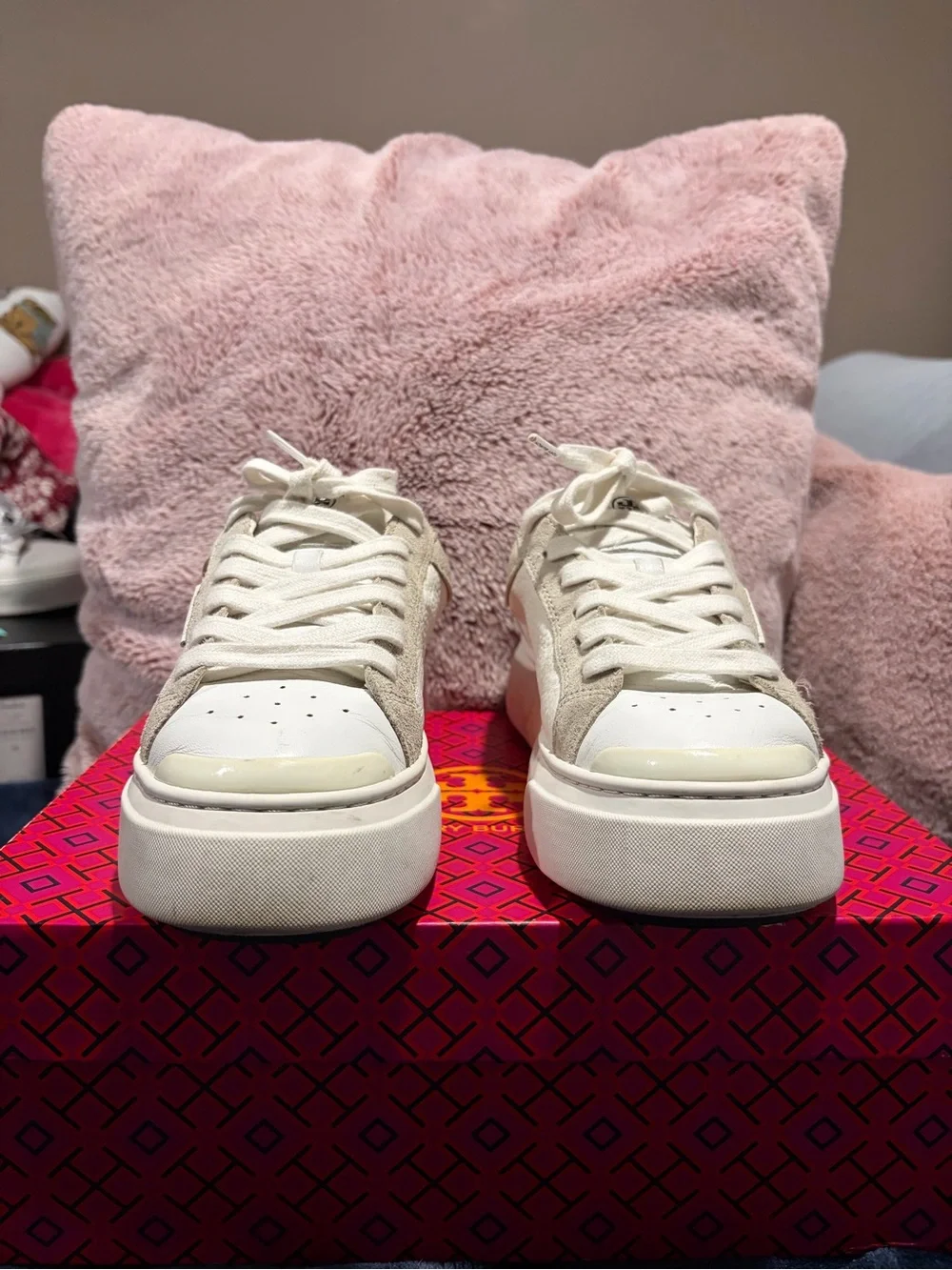 Tory Burch White Platform Sneakers with Black Heel Detail